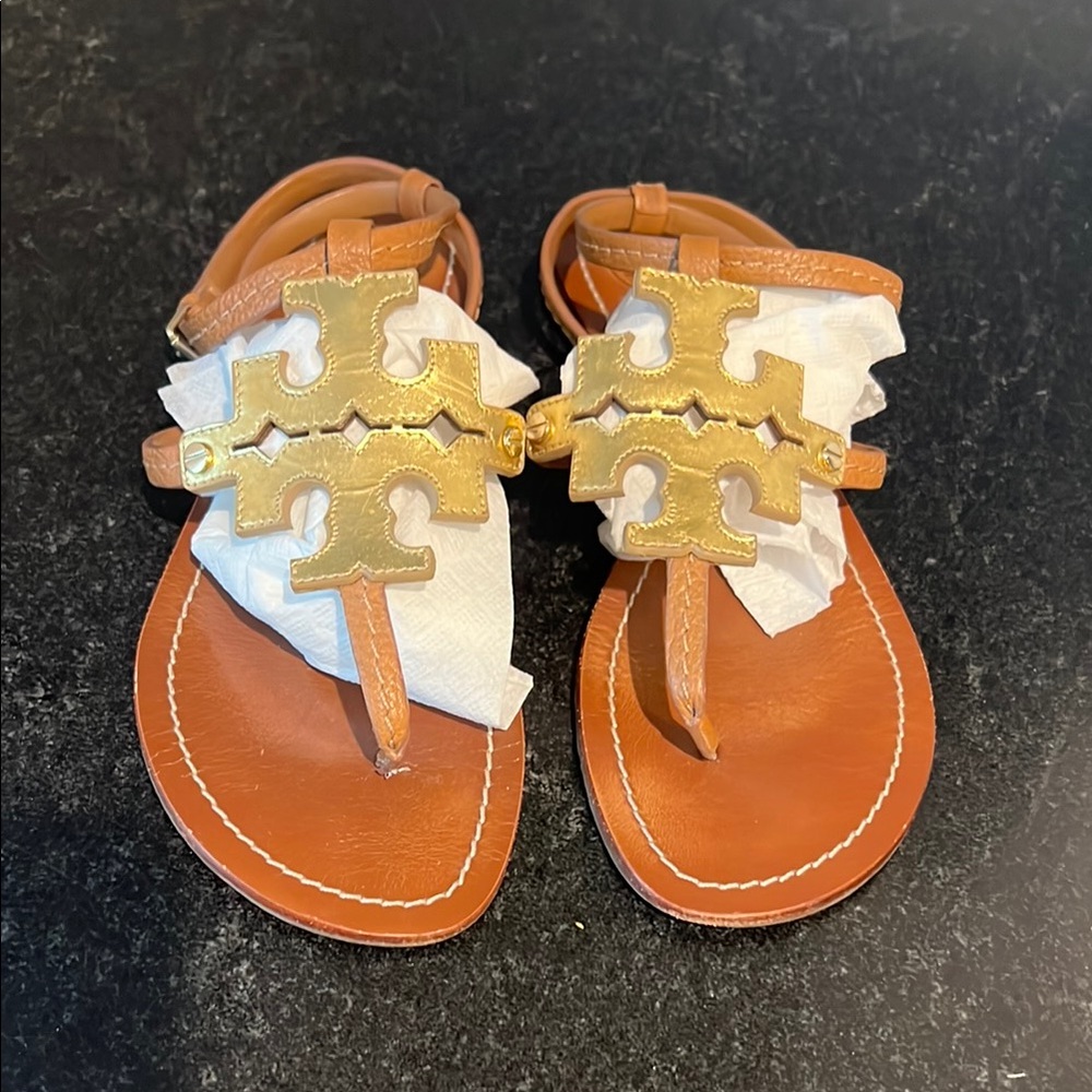 Tory Burch Gold and Brown Sandals with Decorative Straps